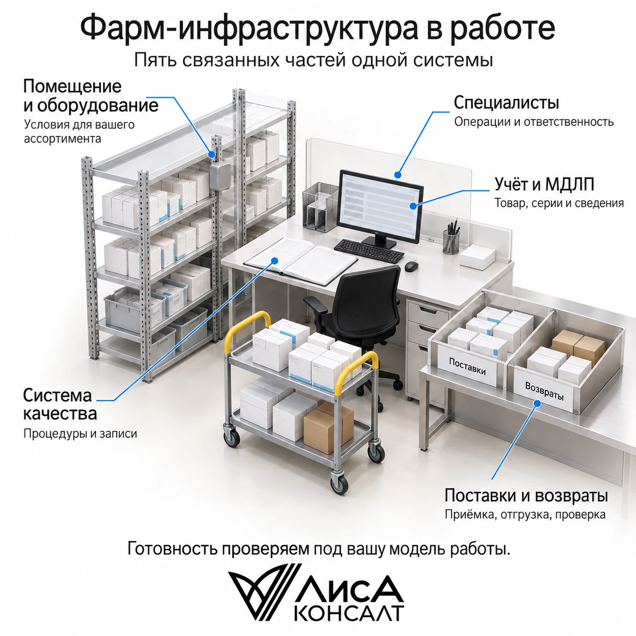 Пять частей фарм-инфраструктуры: помещение и оборудование, специалисты, система качества, учёт и МДЛП, поставки и возвраты