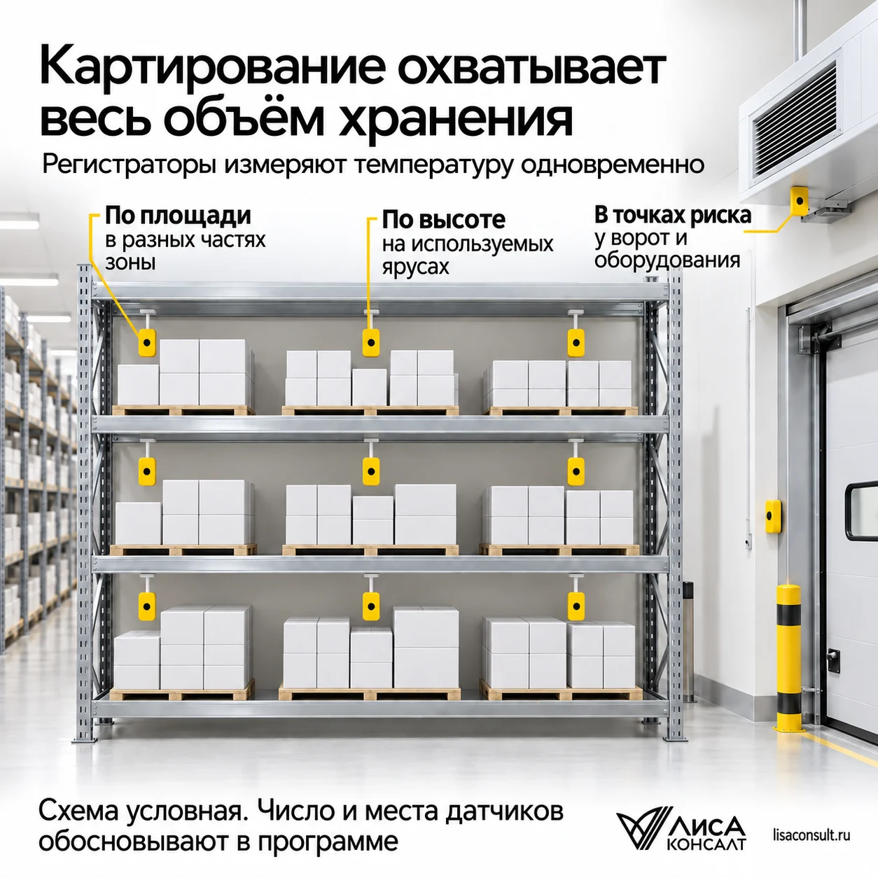 Условная схема размещения регистраторов температуры в разных частях склада и на используемых ярусах